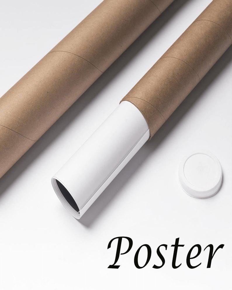 Peut inclure: Deux tubes d'exp&eacute;dition cylindriques en carton brun, dont l'un contient une affiche en papier blanc roul&eacute;e, accompagn&eacute;s d'un petit embout en plastique blanc. Le mot Poster est imprim&eacute; en police serif noire en bas &agrave; droite.