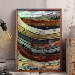 Toile ou affiche verticale Fossiles et époque géologique, art mural à l'échelle du temps géologique, décoration murale diagramme des sciences de la terre