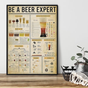 Affiche ou toile Soyez un expert en bière, art mural Connaissance de la bière, décoration murale types de bière, impression connaissance du barman, décoration de pub, déco homme des cavernes
