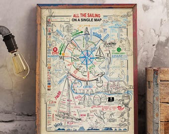 All The Sailing On A Single Map Poster or Canvas, Sailing Map Wall Art, Sailing Infographic Wall Decor, Sailing Theory Print, Sailor Gift