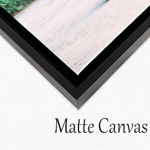 Peut inclure: Une impression sur toile mate pr&eacute;sentant une image aux tons clairs, encadr&eacute;e par un cadre noir fin. Le coin de la toile est visible, montrant la texture et le bord du cadre. Le texte "Matte Canvas" est imprim&eacute; en noir sous l'&oelig;uvre encadr&eacute;e.