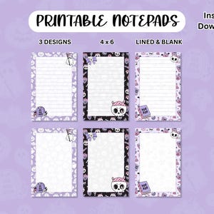 May include: Printable notepads with Halloween-themed designs. The notepads are 4 x 6 inches and come in lined and blank styles. Each notepad features a decorative border with spooky illustrations and the text "Printable Notepads" and "Instant Download".