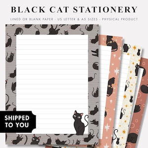 May include: Black Cat Stationery featuring lined and blank paper in US Letter and A5 sizes. The stationery has a gray background with black cat illustrations. Additional sheets have pink and brown backgrounds with star and cat designs. The text "SHIPPED TO YOU" is also visible.