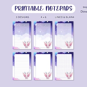 May include: Printable notepads with six designs, each 4 x 6 inches. The notepads feature a purple and blue celestial theme with a winged bunny illustration. Designs include lined and blank pages, and pages with a grid.