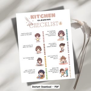May include: A printable kitchen cleaning checklist with cartoon illustrations. The checklist includes tasks like wiping tables, putting dishes away, and taking out the trash. The words "Kitchen Cleaning Checklist" are at the top, with "Instant Download PDF" at the bottom.