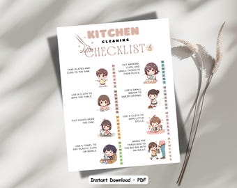 Kitchen Cleaning Checklist | ADHD-Friendly Visual Chore Chart | Kids & Preteens Routine | Kawaii Kitchen Chores | Printable PDF