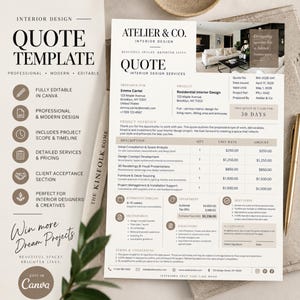 Op de afbeelding: Een offerte-sjabloon voor interieurontwerp met de tekst Atelier & Co. Interior Design, Quote en projectdetails. De lay-out bevat secties voor projectoverzicht, beschrijving, eenheidsprijzen, bedragen, geschatte tijdlijn en acceptatie.