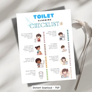 May include: A white printable toilet cleaning checklist with cartoon illustrations. The title "TOILET CLEANING CHECKLIST" is in blue. The checklist includes tasks like putting toilet paper on the shelf and using soap and water. "Instant Download • PDF" is at the bottom.