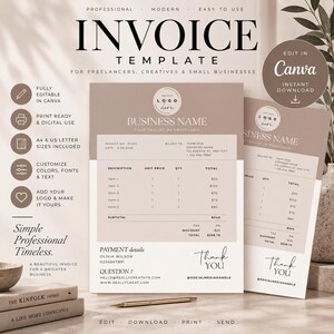May include: A beige and white invoice template featuring a logo placeholder, business name, billing details, itemized list with prices, payment information, and a thank you note. The document includes text such as INVOICE TEMPLATE and EDIT IN Canva.