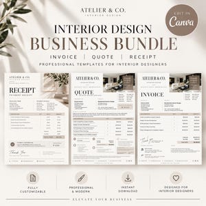 May include: An interior design business bundle featuring three professional templates for a receipt, quote, and invoice by Atelier & Co. The documents are beige with black text, including sections for payment details, project descriptions, and totals.