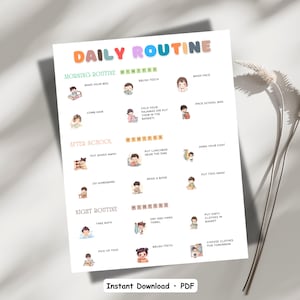 May include: A white printable daily routine chart with colorful text and illustrations. The title "DAILY ROUTINE" is in rainbow colors. The chart includes sections for morning, after school, and night routines, with tasks like "Make your bed" and "Brush teeth."
