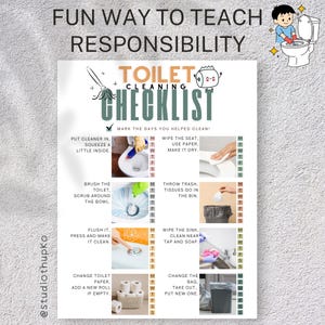 Könnte beinhalten: Ein weißes Poster mit einer "Toilettenreinigungs-Checkliste" und einer Cartoon-Illustration einer Person, die eine Toilette putzt. Die Checkliste enthält Aufgaben wie das Abwischen des Sitzes und den Wechsel des Beutels.