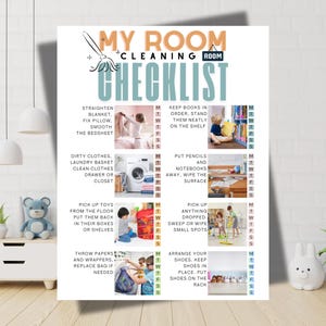 May include: A colorful room cleaning checklist with the text "MY ROOM CLEANING CHECKLIST" at the top. The checklist includes tasks like straightening the bedsheet, cleaning clothes, and arranging shoes. The checklist is designed to help organize a room.