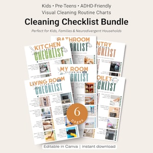 Kids and Teens Cleaning Checklist Bundle | 6 Visual Chore Charts | ADHD-Friendly Routine | Printable Room Checklists | Canva Template