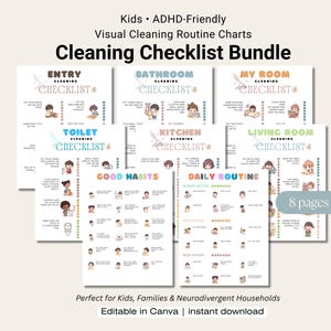 Kids Chore Chart Bundle, Visual Cleaning Checklist, Daily Routine for Kids, Good Habits Poster, Editable Canva Template, ADHD Friendly