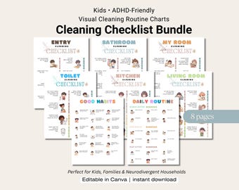 Kids Chore Chart Bundle, Visual Cleaning Checklist, Daily Routine for Kids, Good Habits Poster, Editable Canva Template, ADHD Friendly