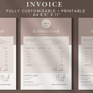May include: Three printable invoice templates with a minimalist design. The invoices are in a soft, neutral color palette with the text "INVOICE" at the top. The dimensions are A4 8.5" X 11". The invoices include fields for business name, billing details, and itemized lists.