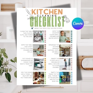 May include: A white kitchen cleaning checklist with the title "Kitchen Cleaning Checklist" in orange and green. The checklist includes tasks like wiping counters, organizing the kitchen, and emptying the trash. The Canva logo is in the upper right corner.