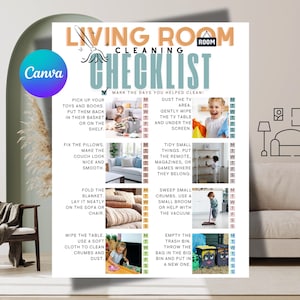 May include: A colorful living room cleaning checklist with the text "Living Room Cleaning Checklist." The checklist includes tasks like dusting, tidying, and sweeping. The Canva logo is visible in the upper left corner.