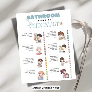 May include: A printable bathroom cleaning checklist with cartoon illustrations. The checklist includes tasks like putting towels back, wiping water drops, folding towels, putting away toiletries, picking up clothes, bringing bottles for replacement, and putting away toys and trash. The words "Bathroom Cleaning Checklist" are at the top.