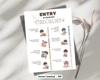 Entry Cleaning Checklist | Kids Entryway Chore Chart | ADHD-Friendly Visual Routine | Kawaii Home Organization for Kids | Printable PDF