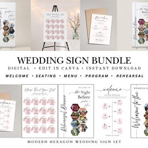 Lot d'enseignes de mariage | Modèles modifiables Canva | Panneau de bienvenue, plan de la salle, menu et programme du bar | Téléchargement numérique