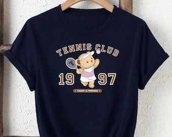 Teddy Bear Tennis Graphic T Shirt | Vintage Style Digital Design