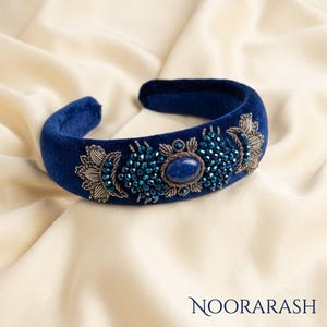 Navy Blue Velvet Headpiece with Lapis Stone, Handmade Persian Sermeh Embroidery image 1