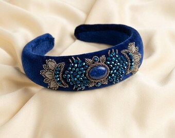 Navy Blue Velvet Headpiece with Lapis Stone, Handmade Persian Sermeh Embroidery