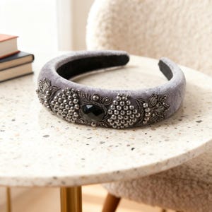 Grey Velvet Padded Headband with Handmade Persian Sermeh Embroidery, Wedding Guest Hair Piece image 3