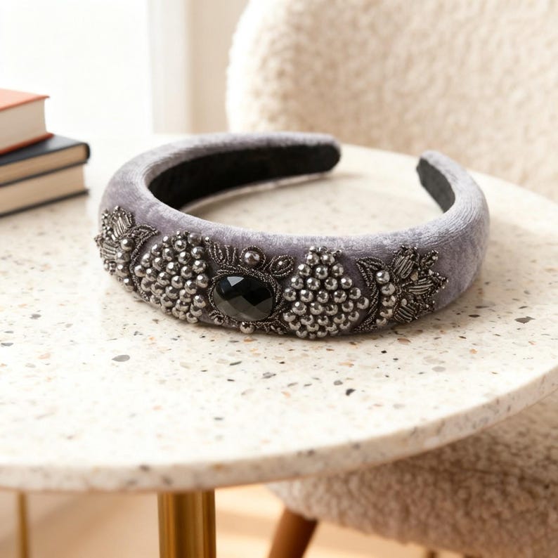 Grey Velvet Padded Headband with Handmade Persian Sermeh Embroidery, Wedding Guest Hair Piece image 3