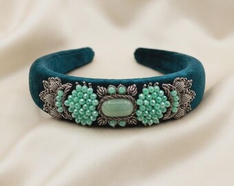 Sapphire Blue Velvet Headpiece with Genuine Aventurine Stone, Handmade Persian Sermeh Embroidery