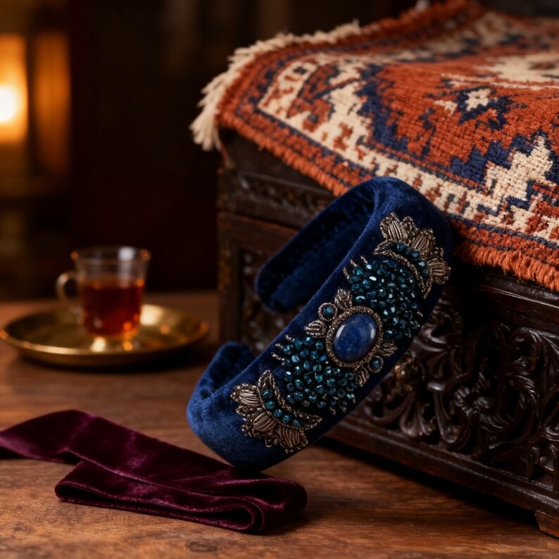 Navy Blue Velvet Headpiece with Lapis Stone, Handmade Persian Sermeh Embroidery image 2