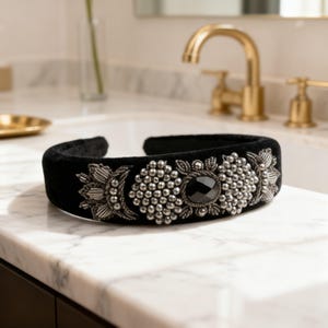 Black Velvet Headpiece with Genuine Onyx Stone, Handmade Persian Sermeh Embroidery image 4
