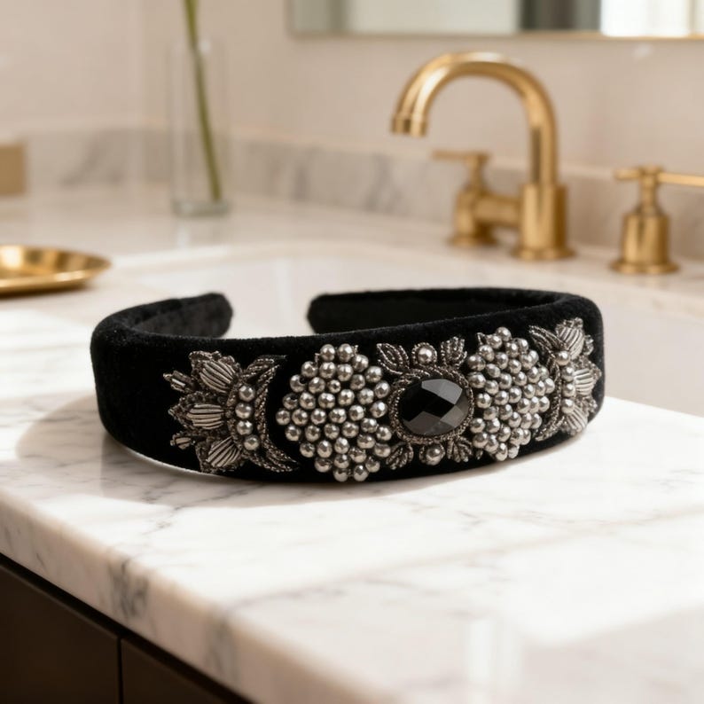 Black Velvet Headpiece with Genuine Onyx Stone, Handmade Persian Sermeh Embroidery image 4