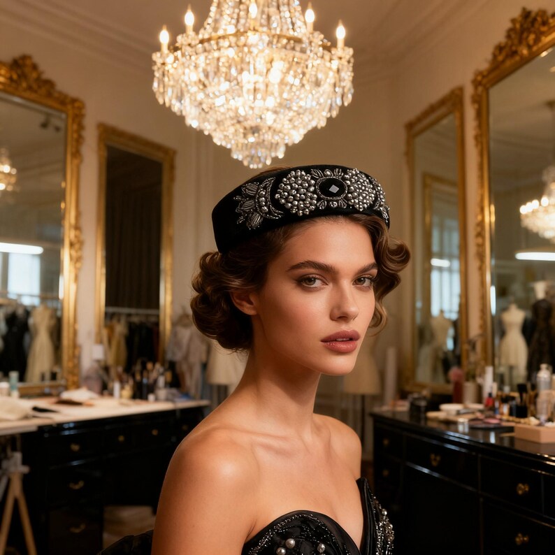 Black Velvet Headpiece with Genuine Onyx Stone, Handmade Persian Sermeh Embroidery image 5
