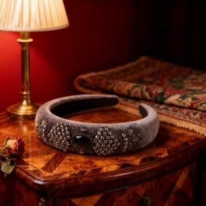 Grey Velvet Padded Headband with Handmade Persian Sermeh Embroidery, Wedding Guest Hair Piece image 2