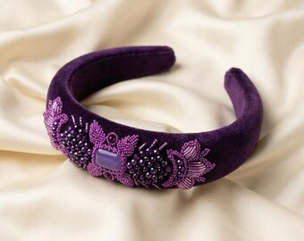Purple Velvet Headpiece with Genuine Agate Stone, Handmade Persian Sermeh Embroidery