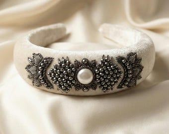 Cream Velvet Padded Headband with Pearl Accent, Handmade Persian Sermeh Embroidery