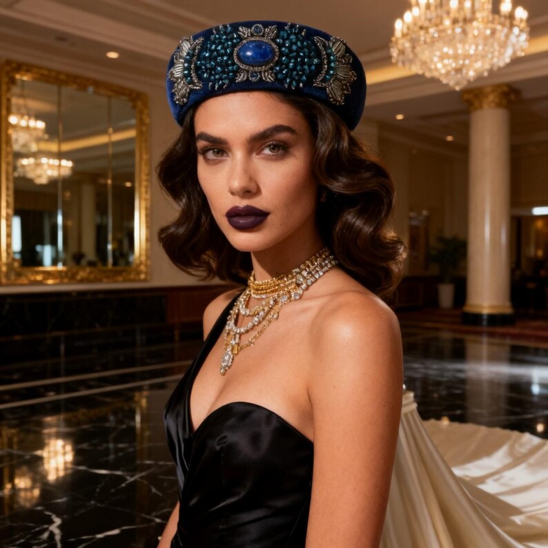 Navy Blue Velvet Headpiece with Lapis Stone, Handmade Persian Sermeh Embroidery image 4