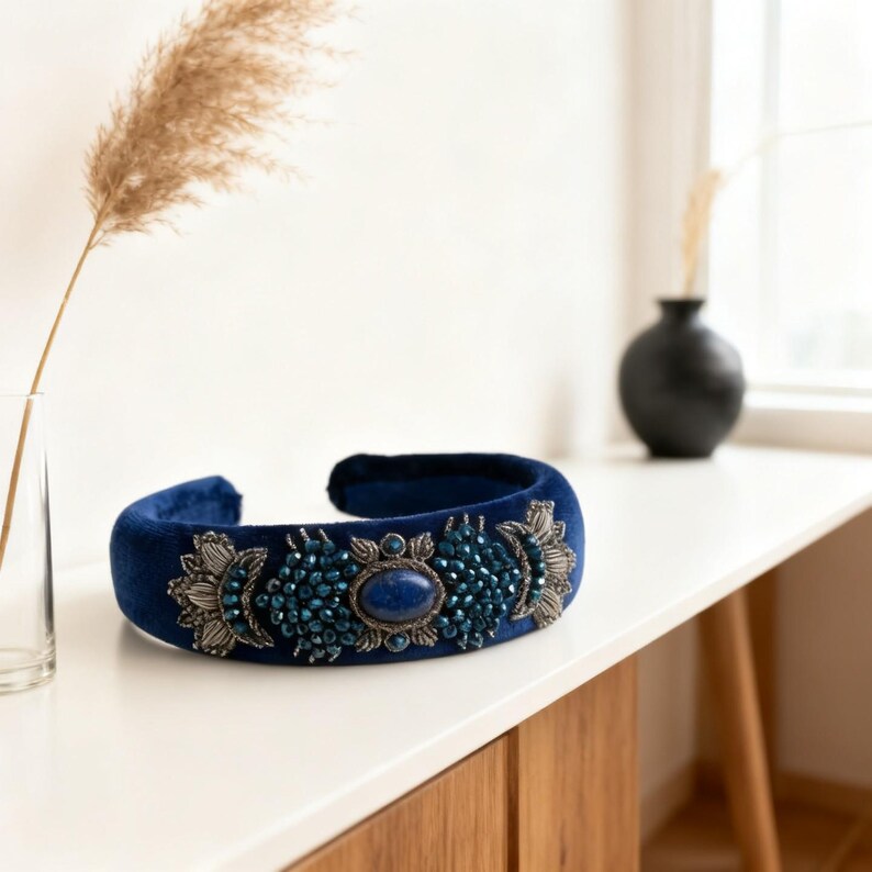 Navy Blue Velvet Headpiece with Lapis Stone, Handmade Persian Sermeh Embroidery image 3