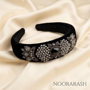 Black Velvet Headpiece with Genuine Onyx Stone, Handmade Persian Sermeh Embroidery image 1