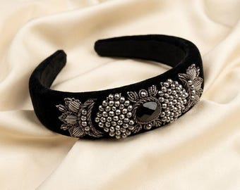 Black Velvet Headpiece with Genuine Onyx Stone, Handmade Persian Sermeh Embroidery