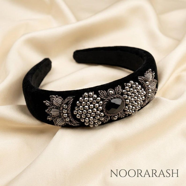 Black Velvet Headpiece with Genuine Onyx Stone, Handmade Persian Sermeh Embroidery image 1