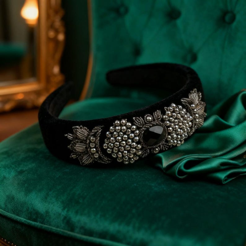 Black Velvet Headpiece with Genuine Onyx Stone, Handmade Persian Sermeh Embroidery image 2