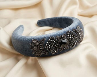 Grey Velvet Headband with Genuine Black Onyx Stone, Handmade Persian Sermeh Embroidery