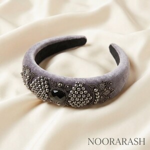 Grey Velvet Padded Headband with Handmade Persian Sermeh Embroidery, Wedding Guest Hair Piece image 1