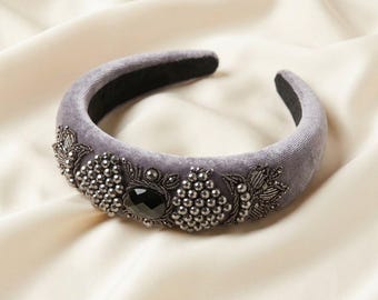 Grey Velvet Padded Headband with Handmade Persian Sermeh Embroidery, Wedding Guest Hair Piece