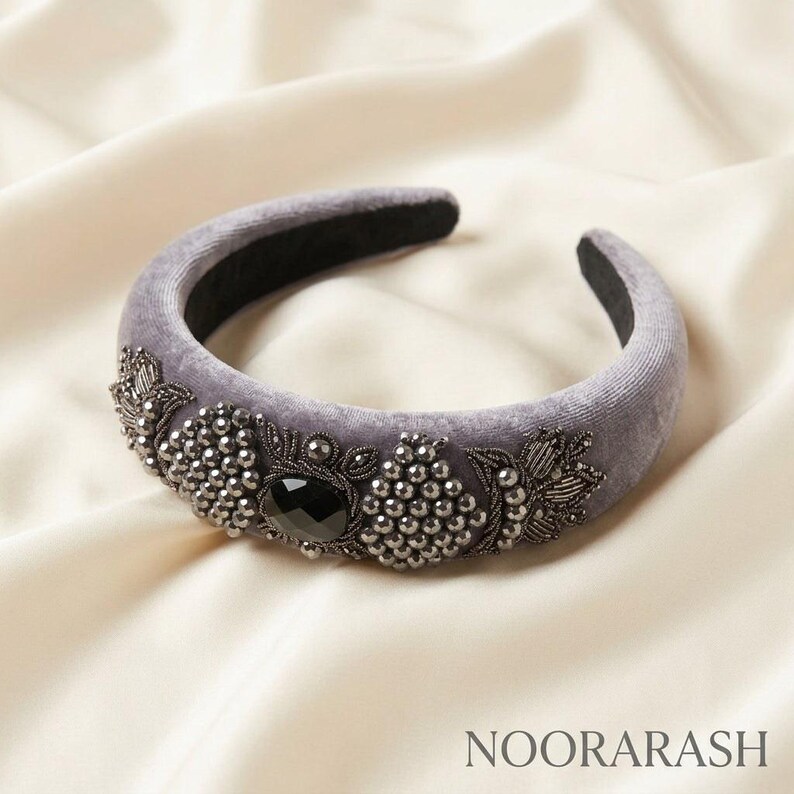 Grey Velvet Padded Headband with Handmade Persian Sermeh Embroidery, Wedding Guest Hair Piece image 1