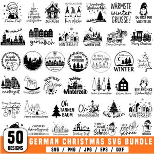 May include: A collection of 50 German Christmas SVG designs in black and white. The designs include festive illustrations of houses, trees, gnomes, and holiday phrases like "Winterzeit" and "Frohes Fest". The bundle is available in SVG, PNG, JPG, EPS, and DXF formats.